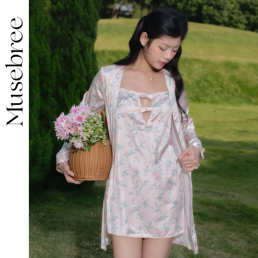 

Musebree Women's Country Sweet Robe Sets Ladies Floral Print Bowknot Night Dress Robe Set Summer Sleepwear Women Loungewear Set