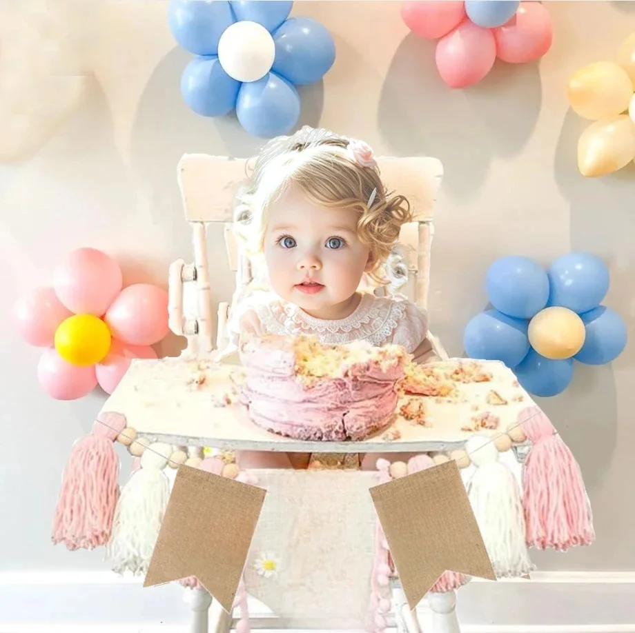Baby First Birthday Chair Banner Burlap ONE Garland Boy Girl One Year Old Birthday Party Decoration Favors Photo Props Supplies — zdjęcie 2