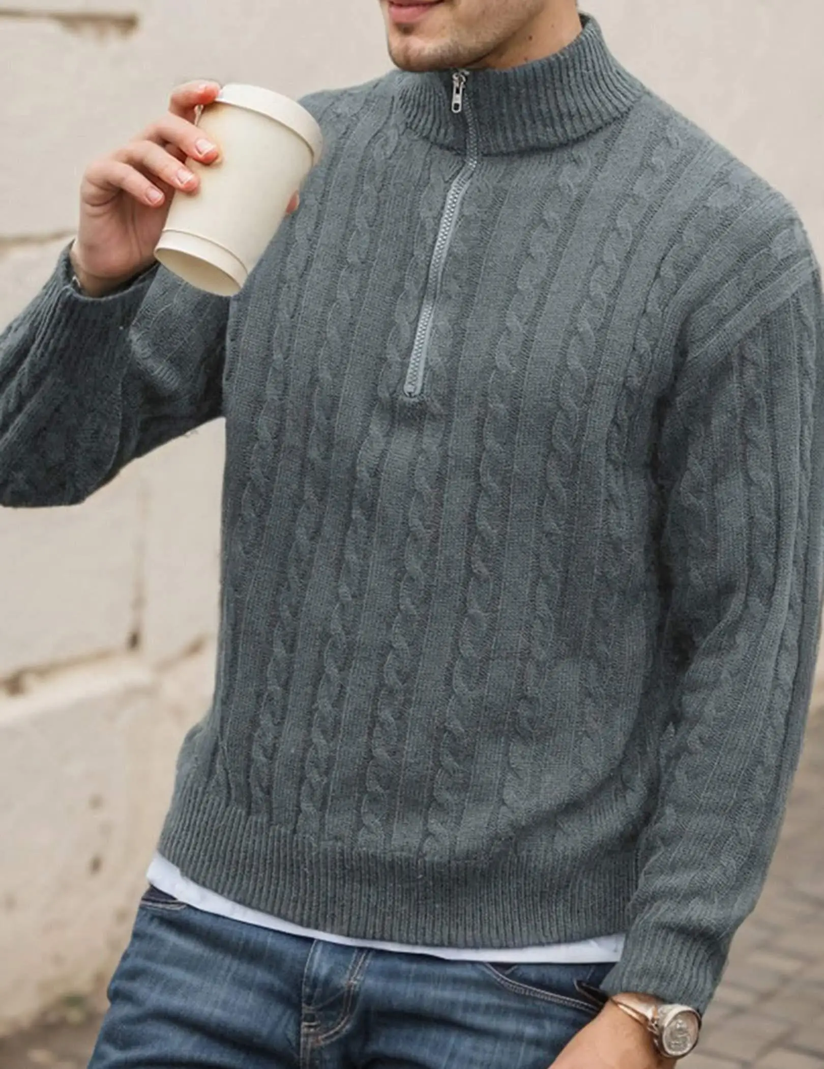 Maglione pullover casual a maniche lunghe tinta unita con cerniera frontale da uomo