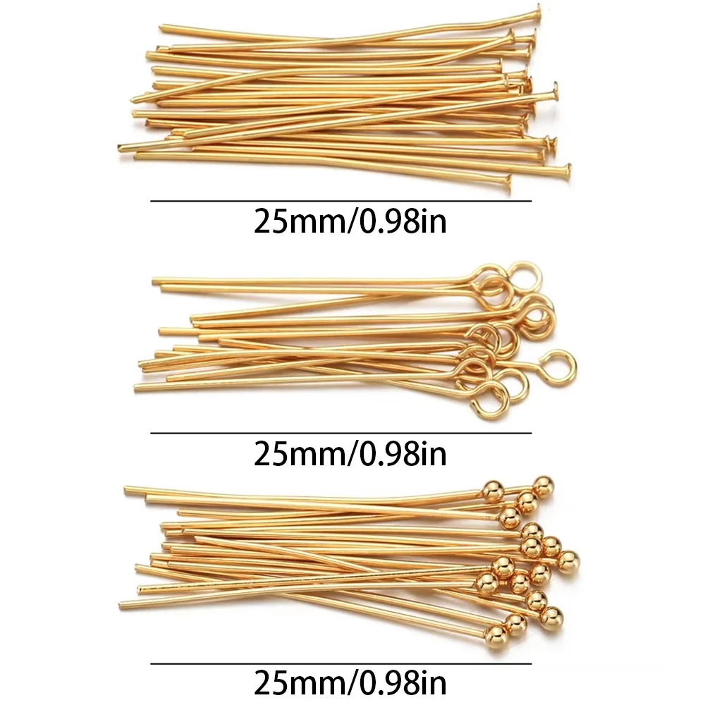 25mm 50/100pcs stainless steel gold plated stainless steel T pins bead pendant with spherical tip and connector