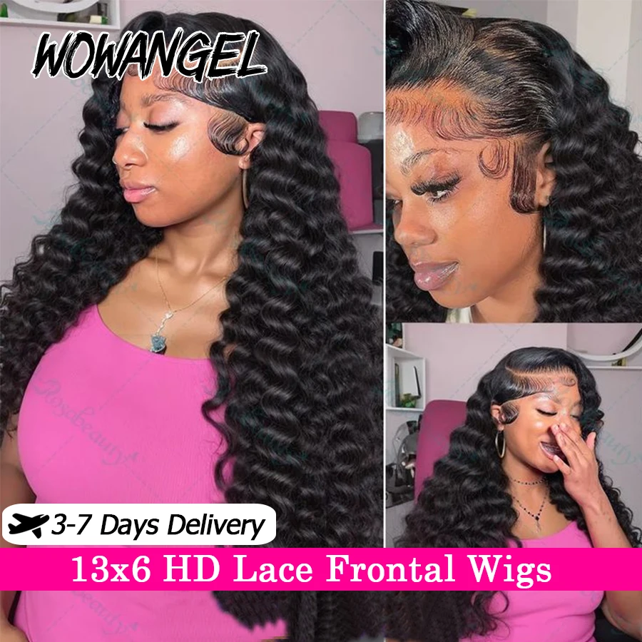 WOWANGEL 34in Loose Deep Wave 13x6 HD Lace Front Wigs Melt Skins Human Hair Lace Frontal Wig Remy Brazilian Hair Curly Wigs