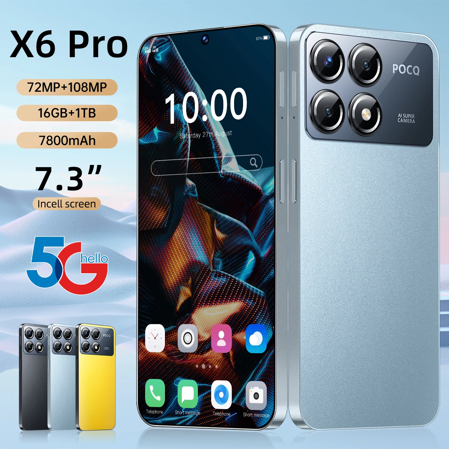 New X6 Pro smartphone Global version 16+1TB 7.3'' HD+ Android 14 7800mAh 4G/5G cellphones Snapdragon 8 Gen 3 108MP mobile phone