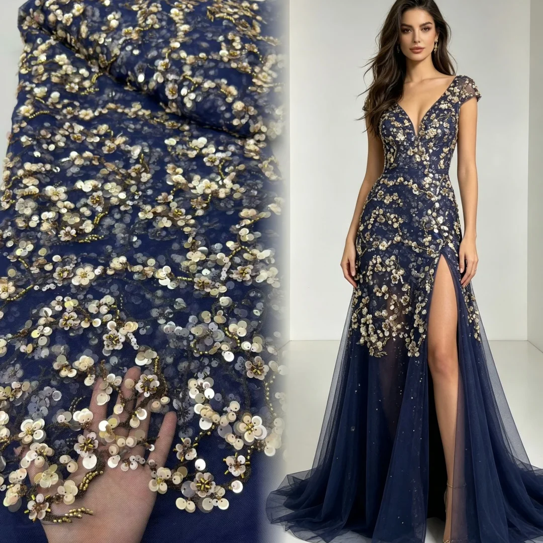 5yard Evening gown dress cheongsam fabric New mesh tissus Colorful nail bead small floral sequin embroidery fabrics for clothing