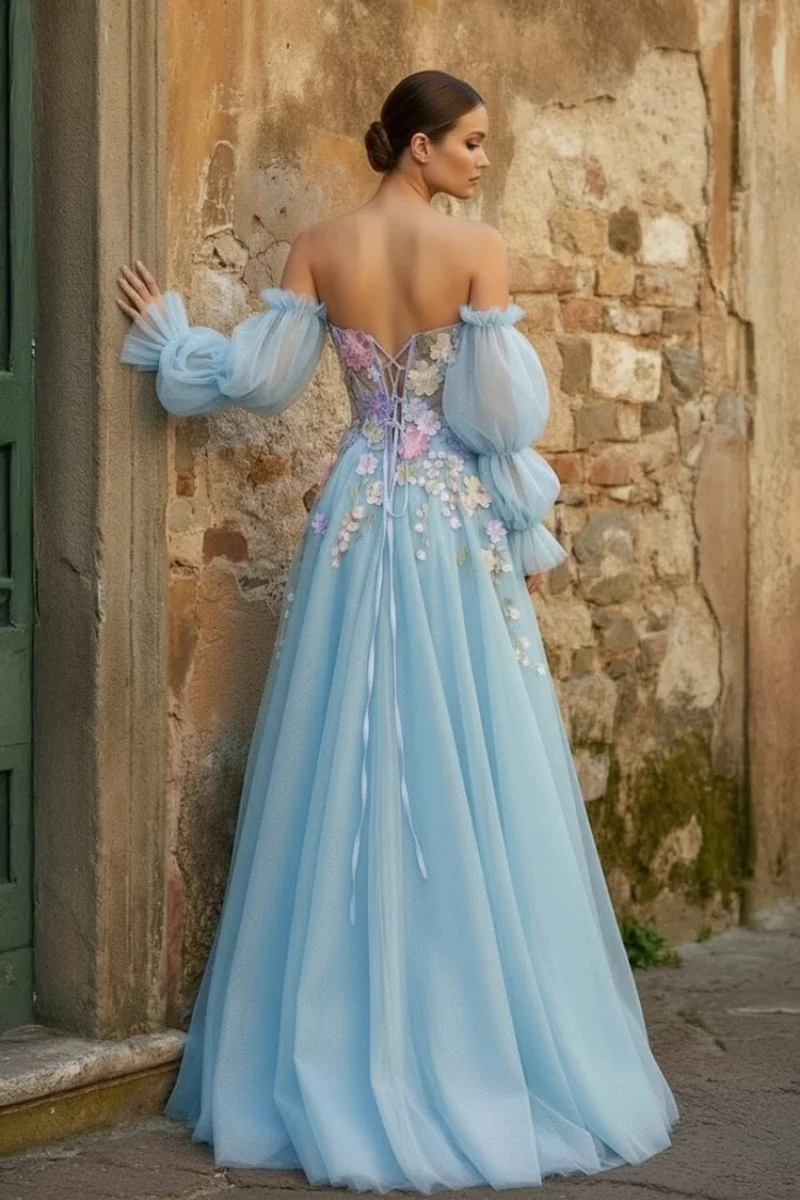 Jessica Tulle Flowers Prom Dresses Sweetheart Lavender Purple Wedding Dress Puff Long Sleeves Robes De Soirée Customized