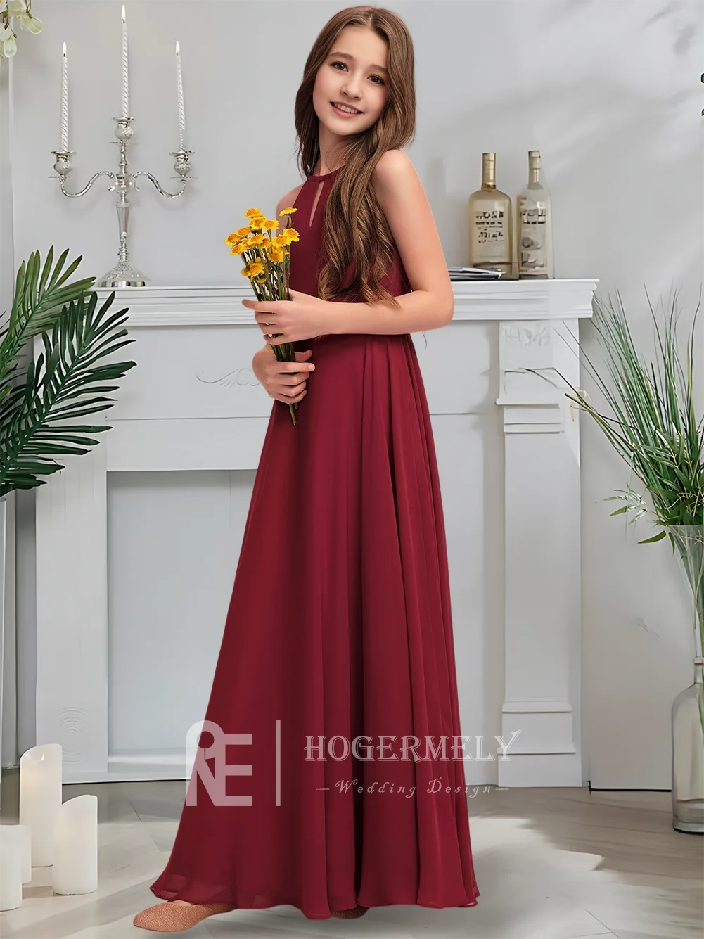 

A Halter Junior Bridesmaid Dress Merlot Flower Girl Dress Floor-Length Chiffon With Cascading Bow Pleats Wedding Party