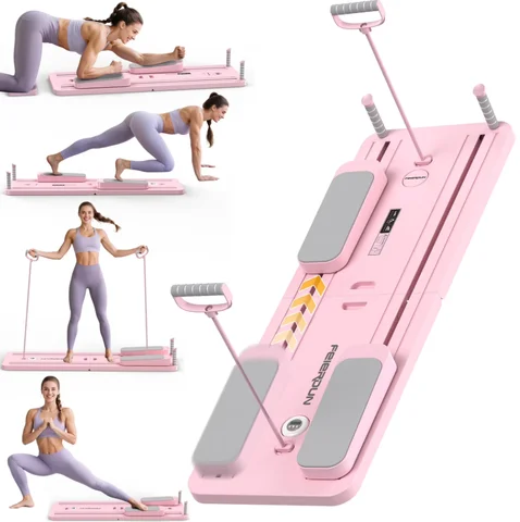 FED 5 in 1 Folding Pilates Board, Pilates Reformer Set with 300 LBS Weight Capacity, Portable Home Pilates for Woman (Pink)