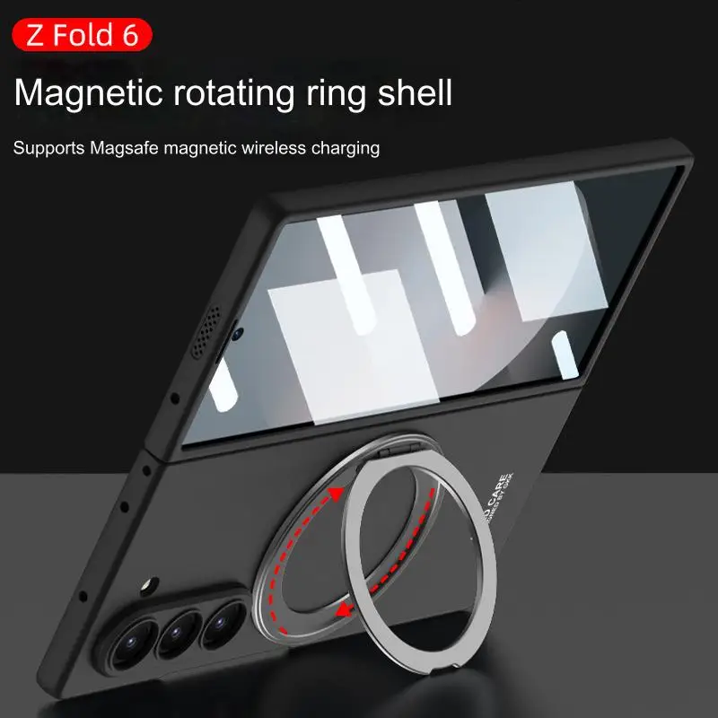 Thin Skin Matte Case For Samsung Galaxy Z Fold 6 With Glass Screen Protector and Magnetic Finger Ring, Stand Function