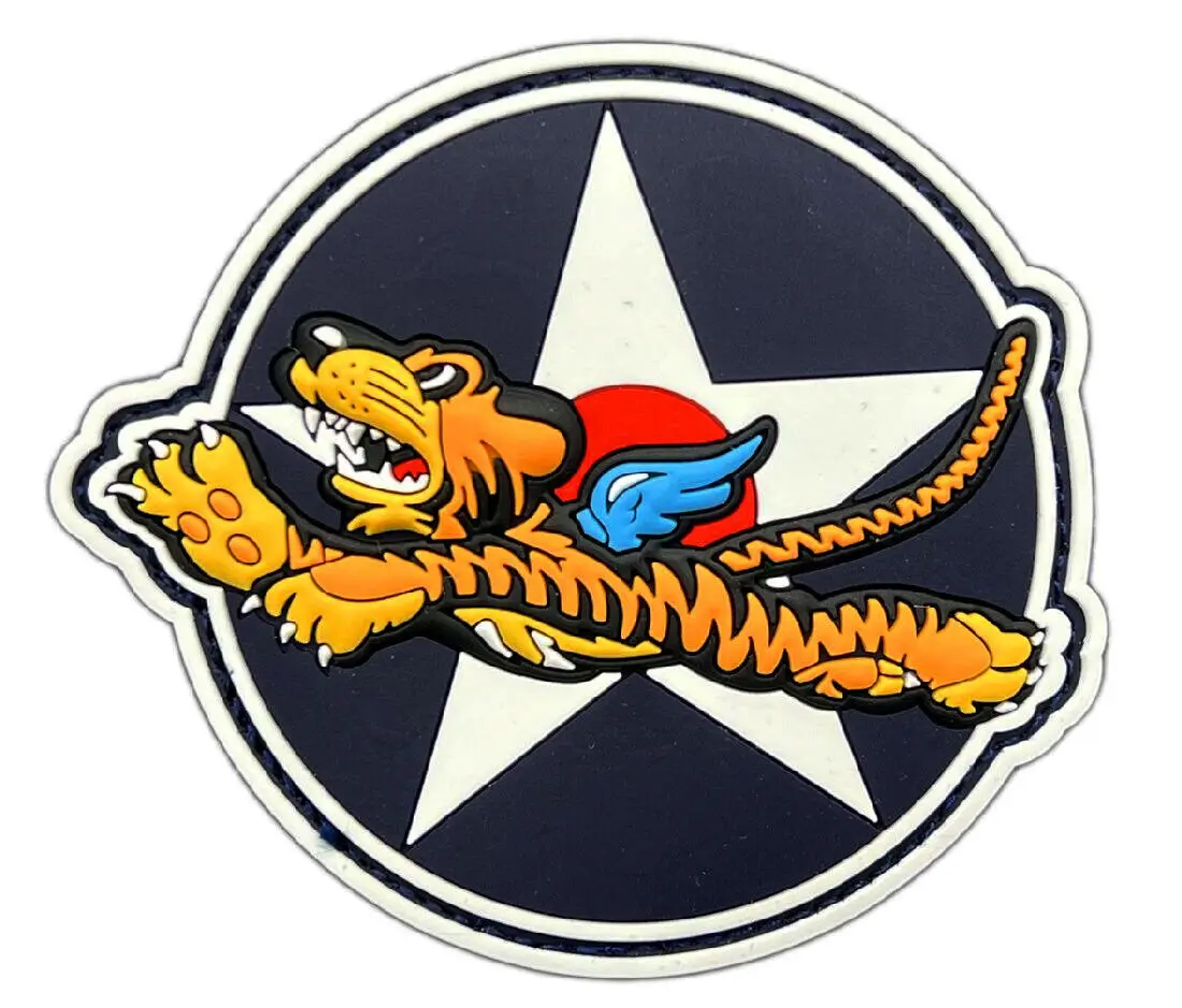 Custom Logo Rubber PVC Patch Flying Tigers Squadron Patch 3D PVC Rubber - Hook Fastener Backing