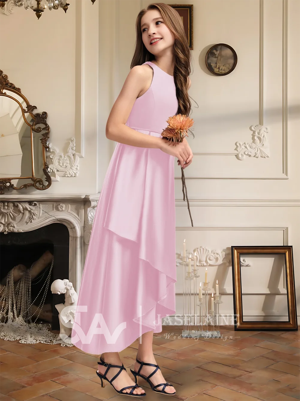 Elegant A-Line Scoop Asymmetrical Satin Junior Bridesmaid Dress Cascading Ruffles Flower Girl Dress Girls Party Wedding Formal