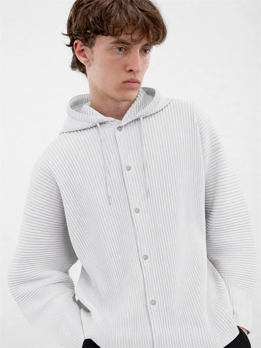 Miyake Pleated Men Hooded Cardigan Jacket Men's Pleats Single Button Loose Fit Japanese Minimal Streetwear Outerwear