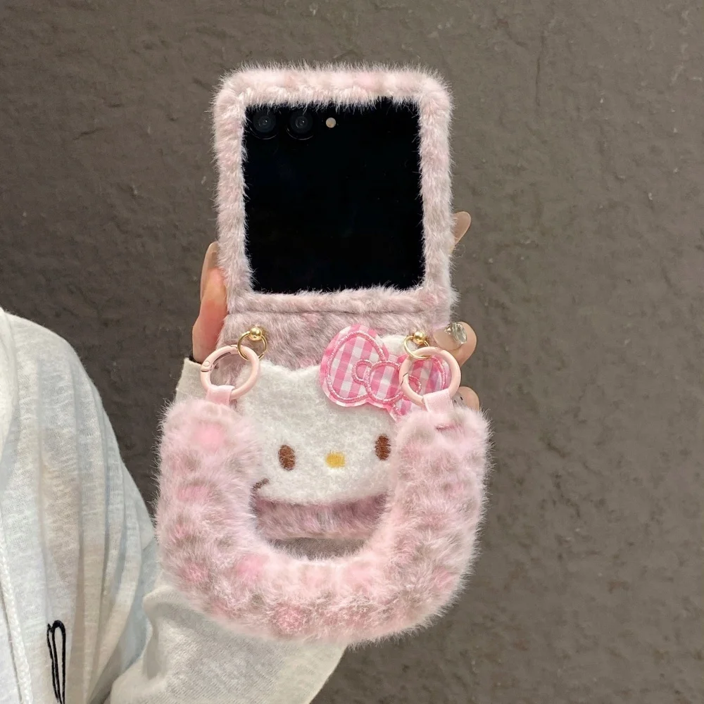 Kawaii Leopard Print Cartoon Kitten Plush Phone Case for Samsung Galaxy Z Flip8 Z Flip7 Z Flip6, 5 Fashion Warm Shockproof Cover