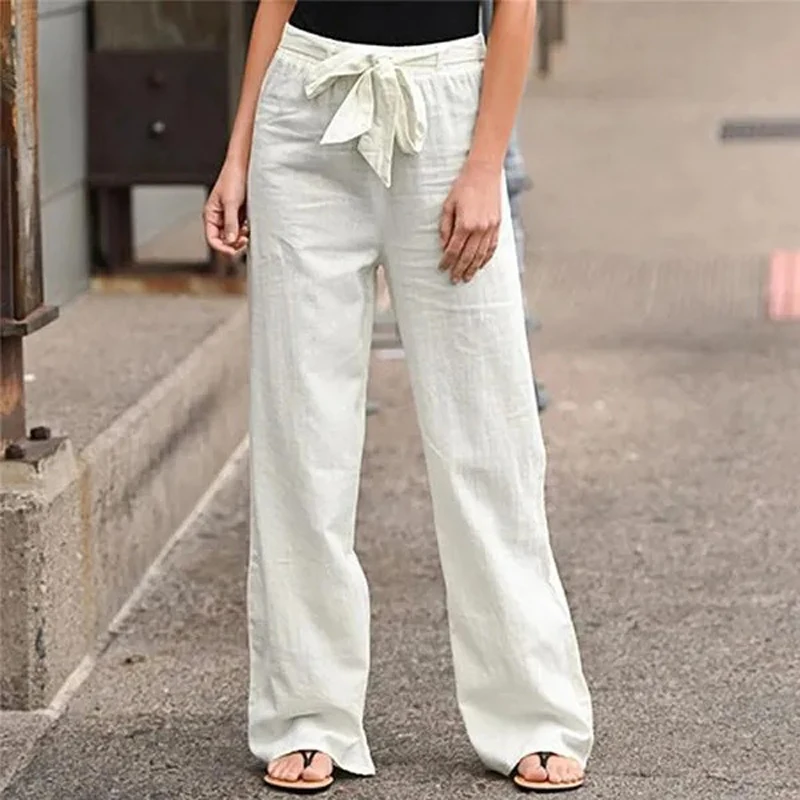 Women Solid Long Pants Women Casual Loose Cotton Linen Lace Up Elastic Waist Wide Leg Trousers Ladies Streetwear Straight Pants