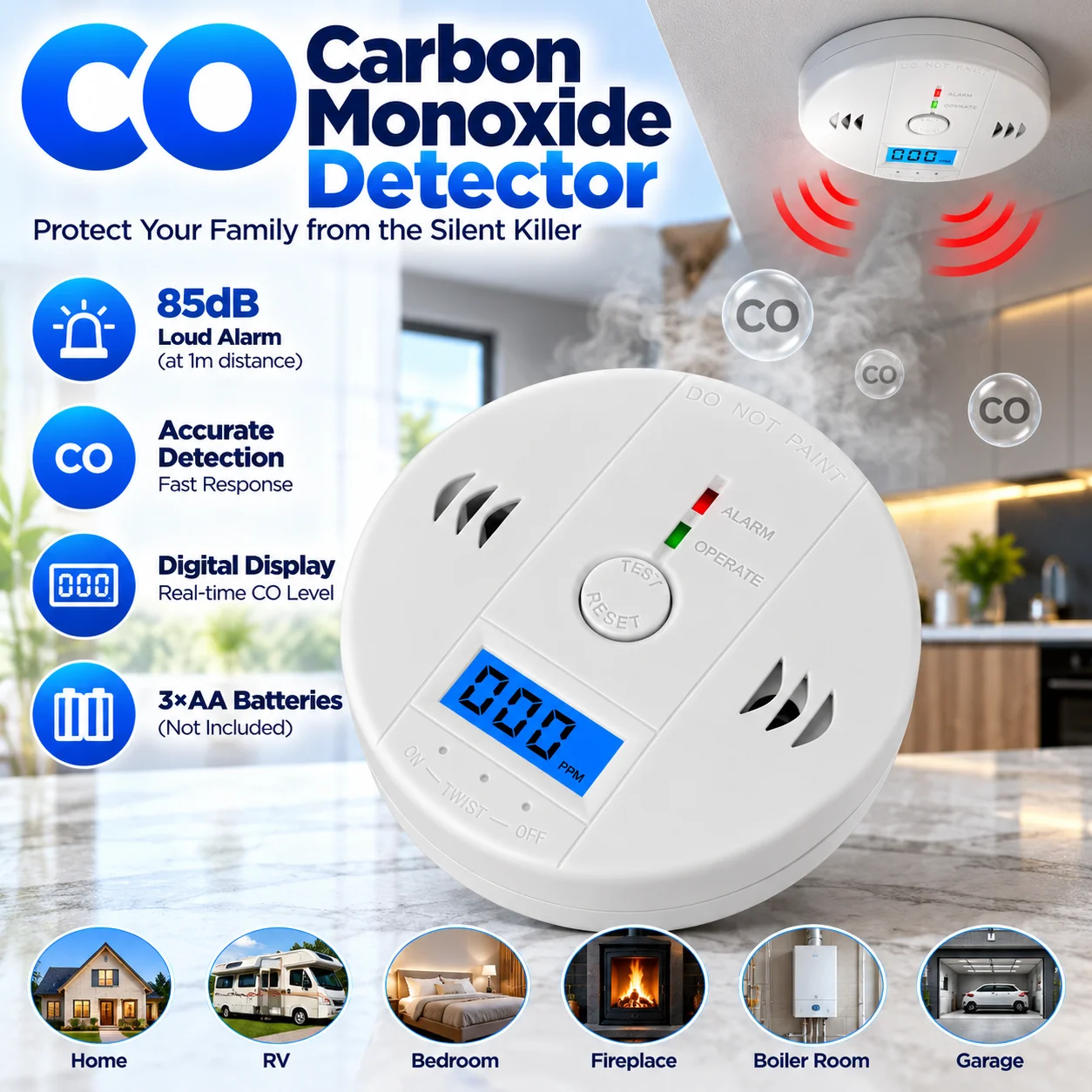free shipping!LCD CO Sensor Work alone Built-in 85dB siren sound Independent Carbon Monoxide Poisoning Warning Alarm Detector