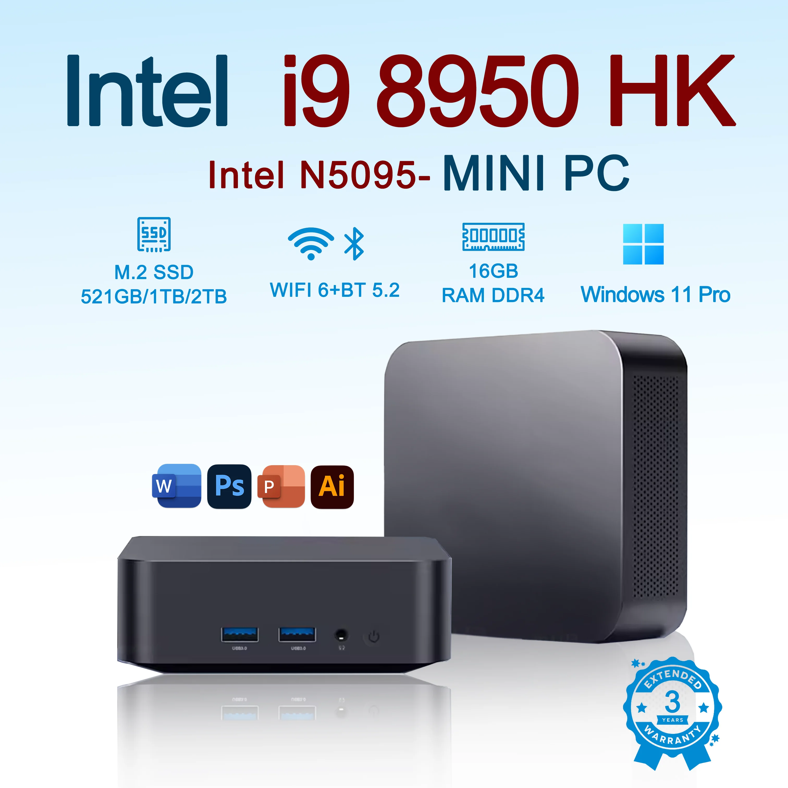 Mini PC Intel Core i9-8950HK/Intel N5095 com Windows 11, 16GB DDR4, SSD M.2 de 1TB/2TB, PC portátil para jogos com gráficos UHD, Mini PC Desktop