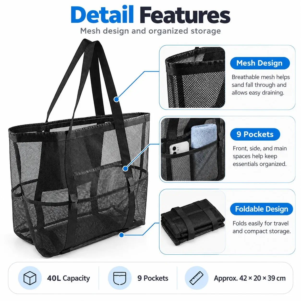 Mesh Beach Bag Beach Tote Bag 40L With 9 Pockets For Swimming Pool Travel