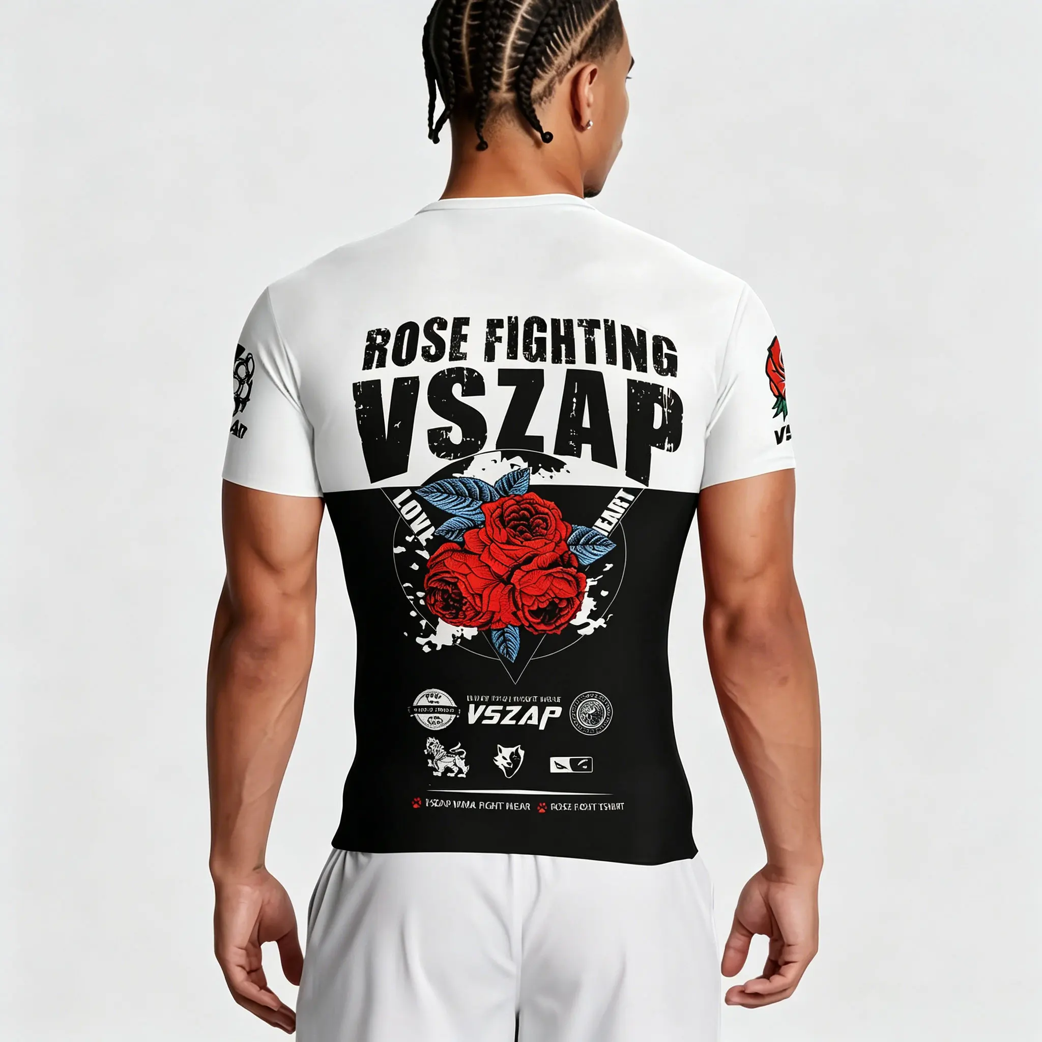 Men's VSZAP Muay Thai Fight T-Shirt Two Tone Split Print Red Rose Wing Wolf Graphic Quick Dry MMA Boxing Training Short Sleeve T
