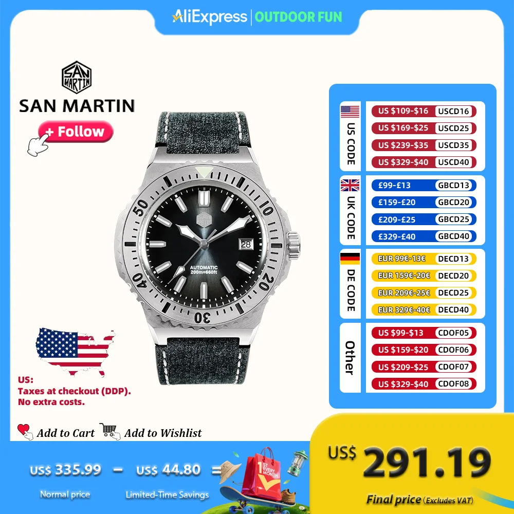 

San Martin 42 мм Роскошные дайверские часы PT5000 Автоматические механические часы для мужчин с сапфиром Нержавеющая сталь 316L 20 бар SN0055