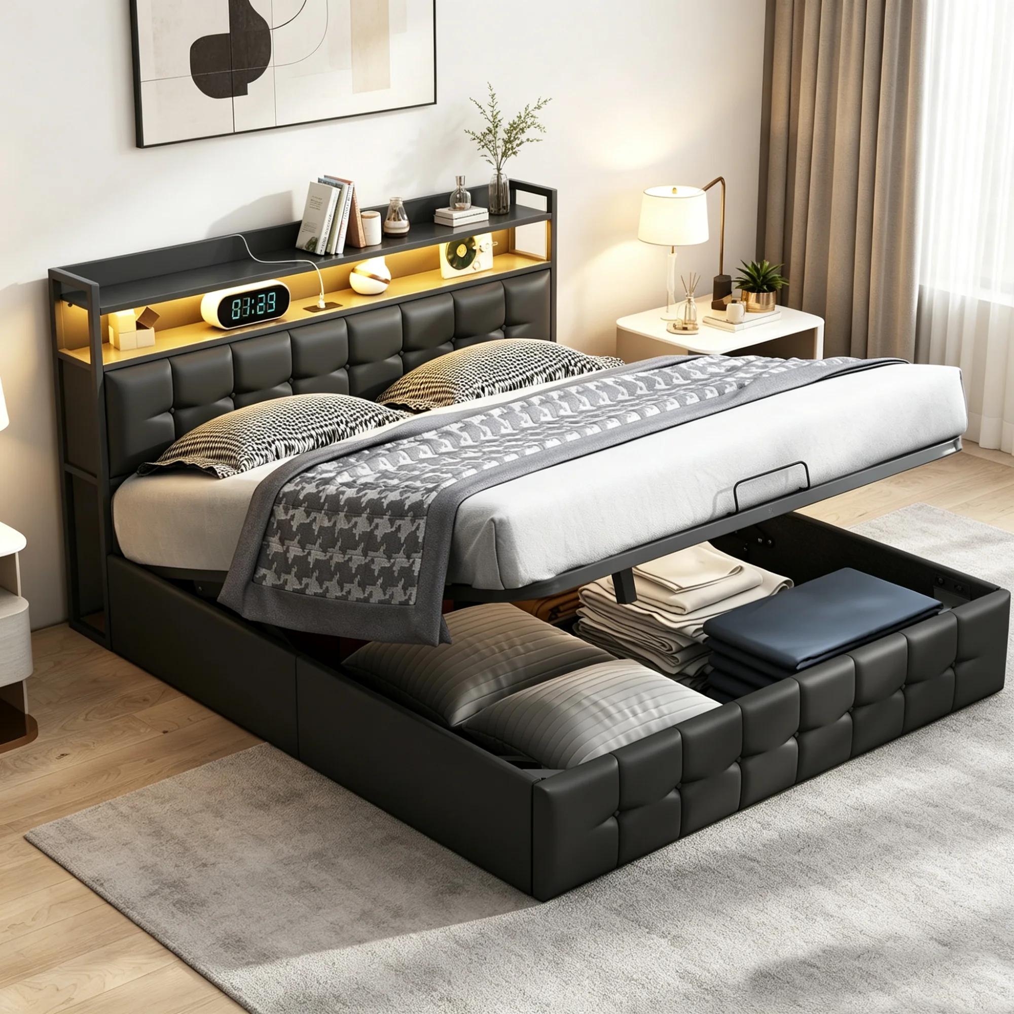 Lit rembourré Anajqaqia 160x200 cm, lit double avec espace de rangement hydraulique, tête de lit avec espace de rangement, lit avec rangement, lit avec sommier à lattes, cuir PU, matelas non inclus, noir