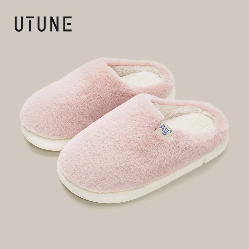 

UTUNE Plush Antibacterial Women Slippers Warm Soft House Light Mute Winter Indoor Shoes Flat Comfortable Luxury Men Home Slides