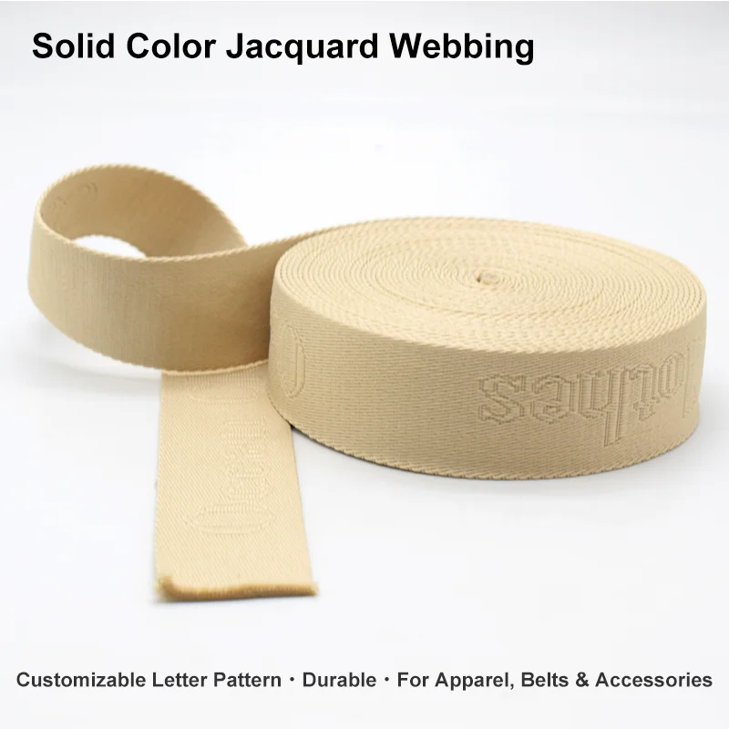 Custom Logo Jacquard Webbing Tone on Tone Woven Tape Personalized Solid Color Embossed Letter Strap for Bags Belts Apparel
