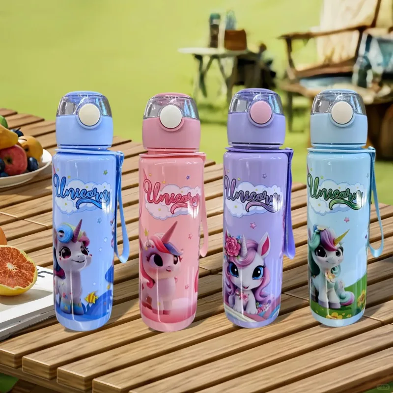 700ml Cute Cartoon Plastic Straw Water Cup with Hand-held Ring BPA-Free High Temperature Resistant Portable Outdoor Water Bottle