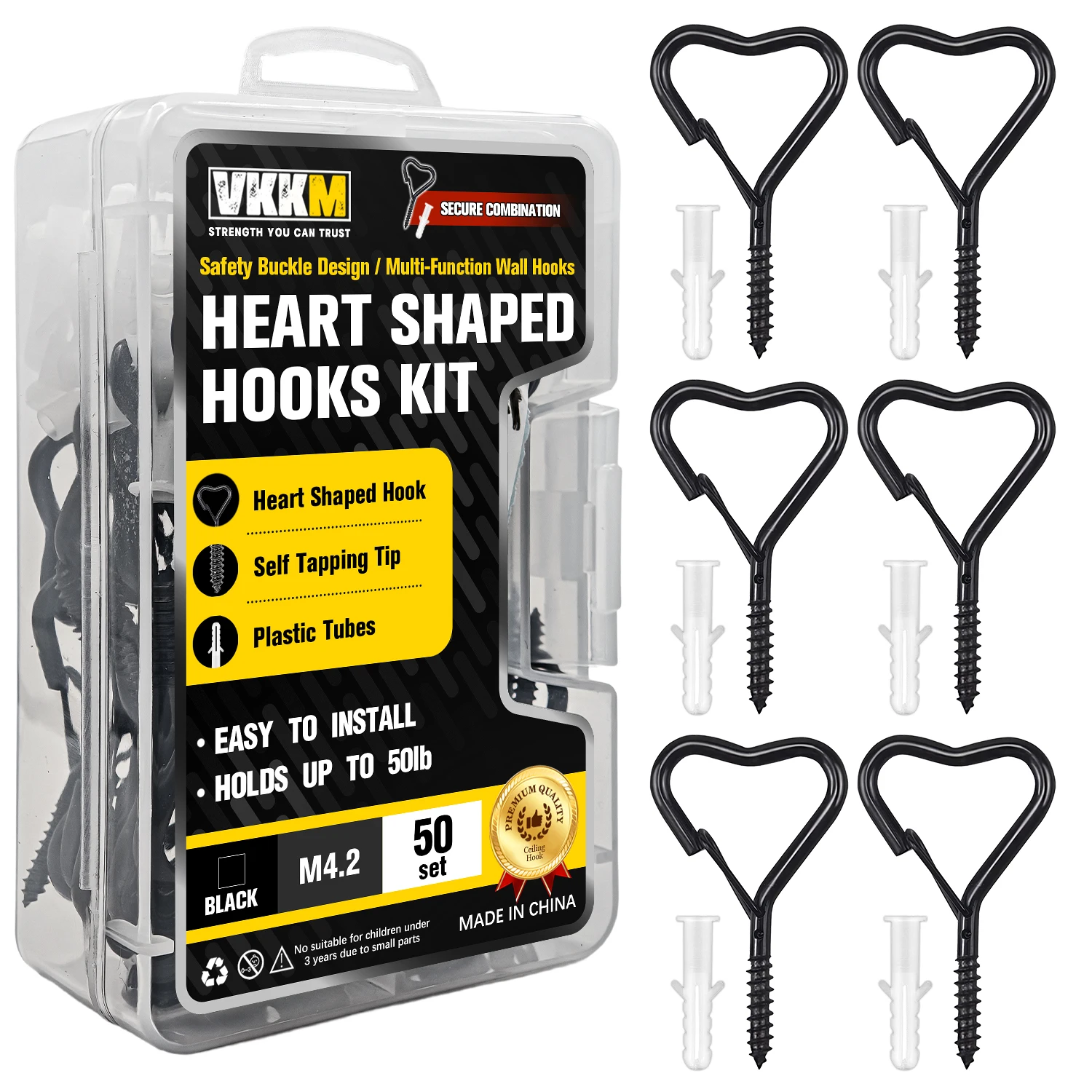 VKKM 50 Sets Heart Shaped Screw Hooks with Wall Anchors, Black Safety Buckle Self-Tapping Cup Hooks, Heavy Duty Plant Hanging Hooks for Planters, String Lights, Wind Chimes