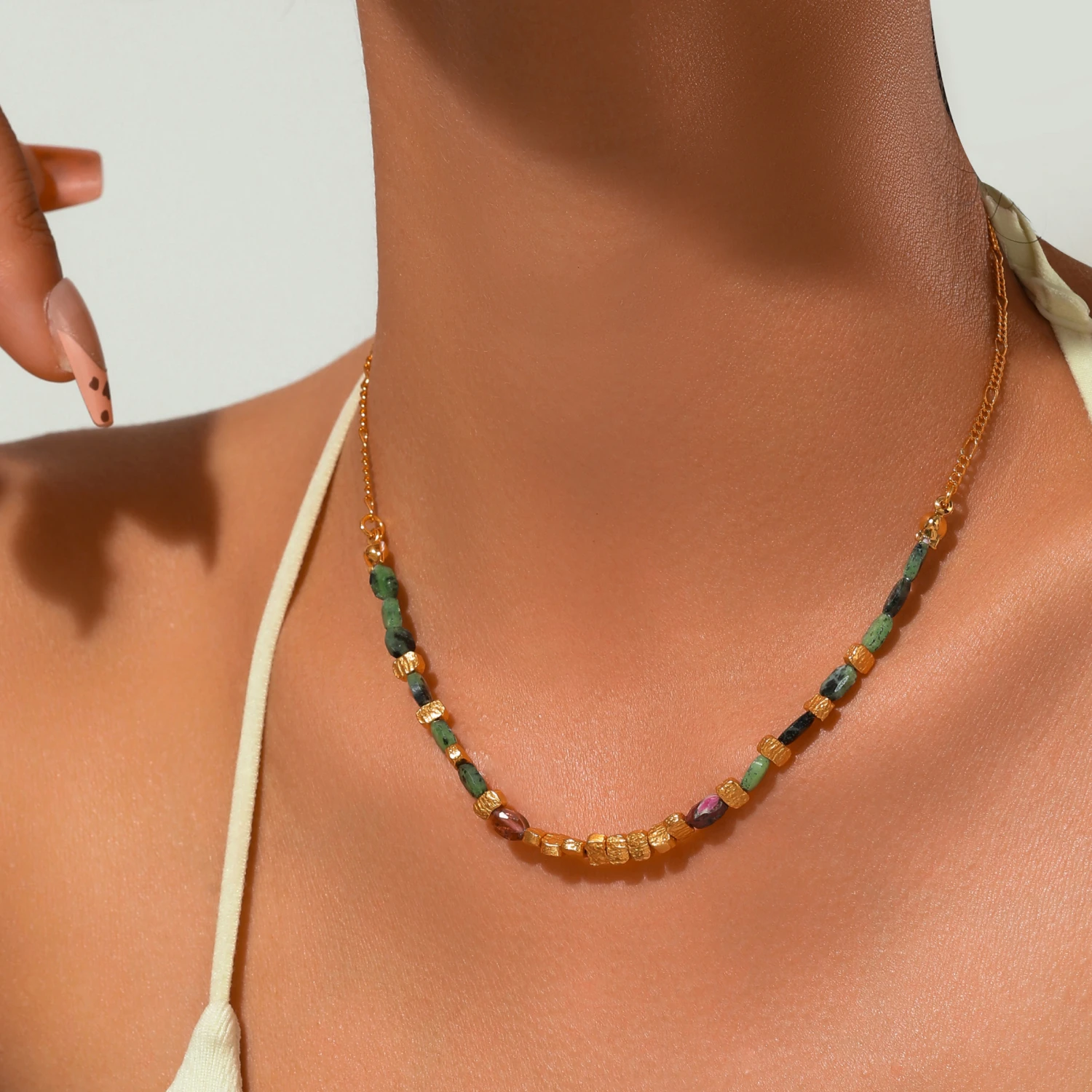 

YAJUNIEL Natural Green Tourmaline Gemstone Beaded Choker Necklace with 24K Real Gold Plated Accents for Women Elegant Jewelry