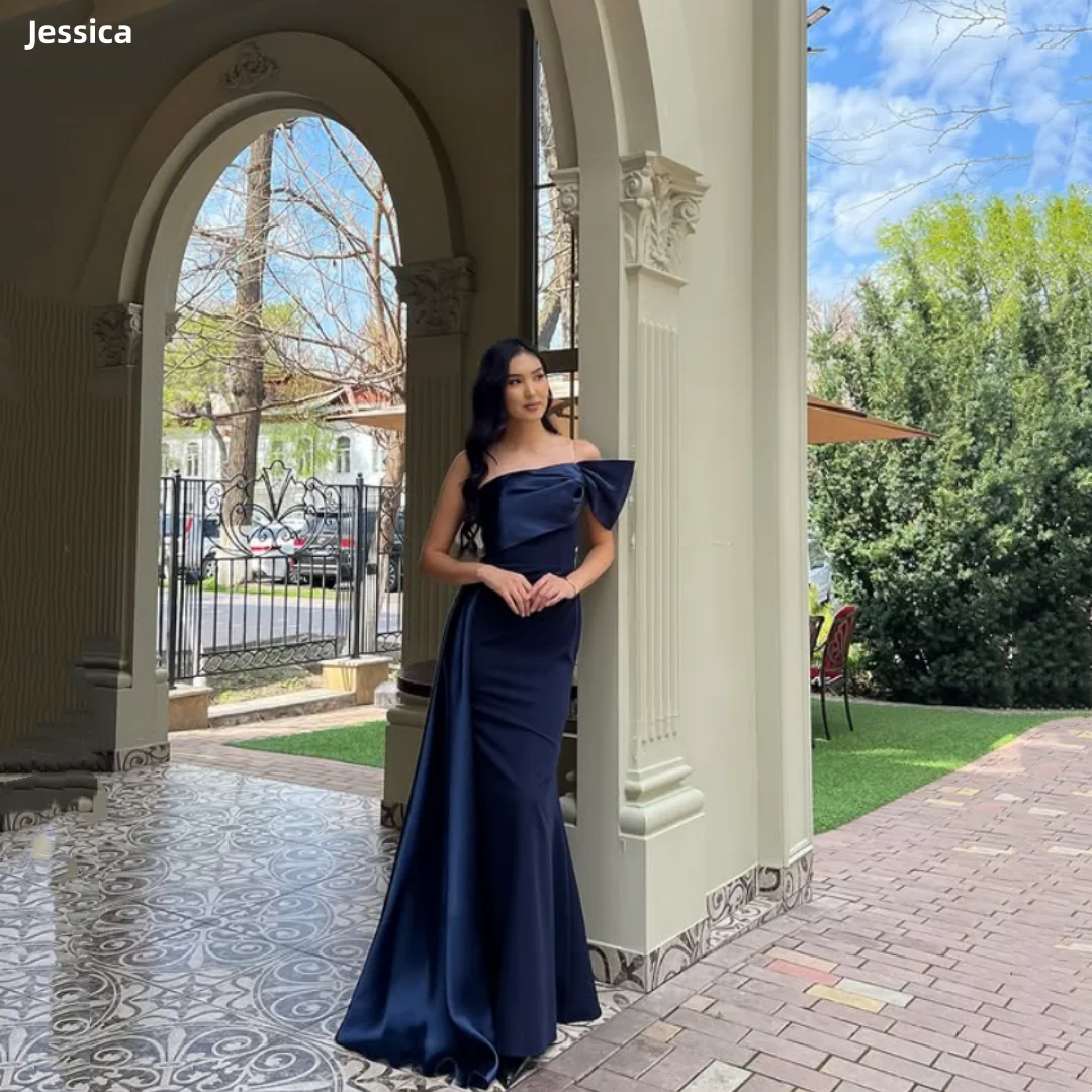 

Jessica Sexy Off-shoulder Evening Dresses Dark Blue Prom Dresses Mermaid Satin Lady Vestidos De FiestaCustomized