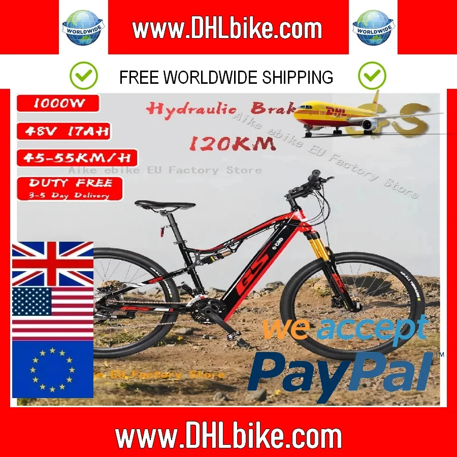 Nieuwe Lithium Batterij Gs 1000W 48v17ah Elektrische Fiets 27.5 Inch Elektrische Mountainbike Voor En Achter Dubbele Schokdempers