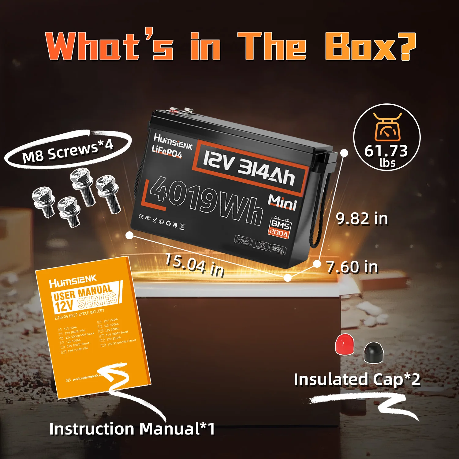 Humsienk 12V 314Ah MINI LiFePO4 Battery, Capacity 4019Wh & 200A BMS, 15000+ Deep Cycle, Low-Temp Protection For RV, Van, Golf Cart, Boat, Camper, Marine, Trolling Motor, Off-Grid, Solar Energy Storage, 5-Year Warranty - view 5