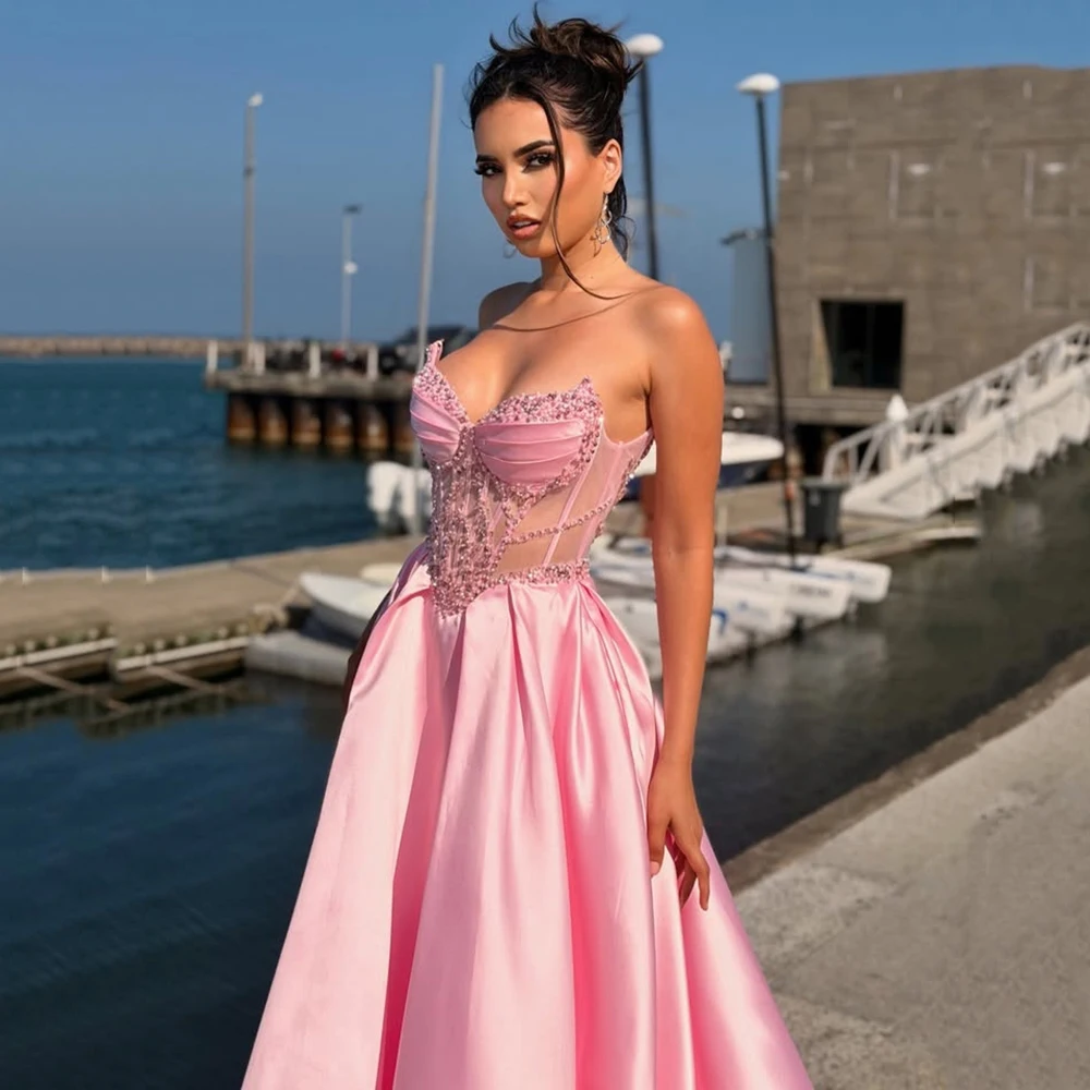 Msikoods Customized Pink Satin Prom Dress 2026 A Line Sweetheart Beaded Corset Formal Evening Gown Pearls Pageant Party Dress
