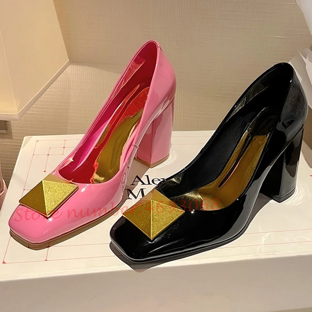 Metal Rivets Pink Women Pumps High Chunky Heels Dress Shoes Summer Square Toe Shiny Leather Pumps Fashion Office Ladies Pumps