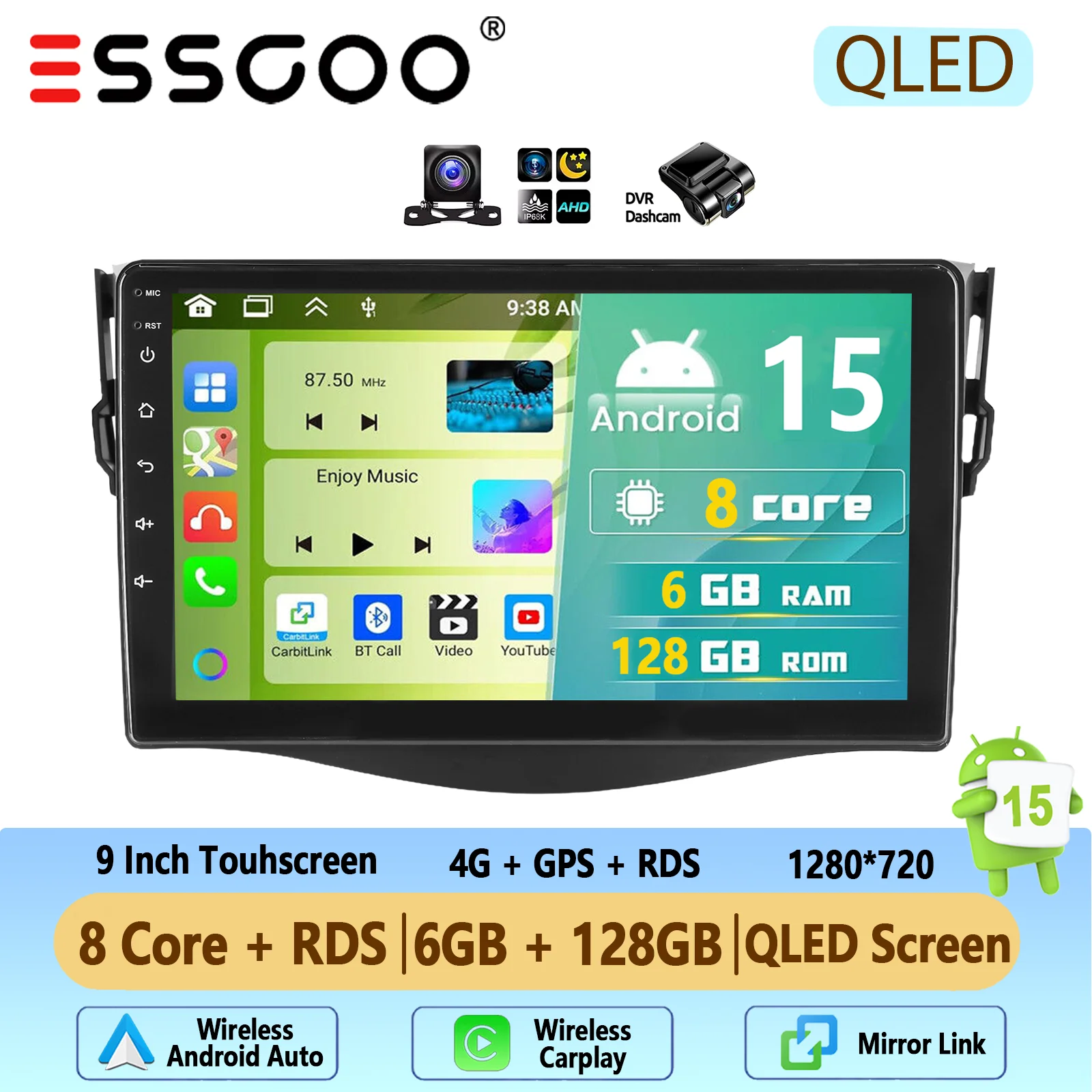 Autoradio ESSGOO Android 15 9 Inch 4+64G voor Toyota RAV4 2007-2012 Draadloze CarPlay Android Auto GPS Navigatie FM WiFi Bluetooth RDS Stuurwielbediening Mirror Link Touchscreen Hoofdeenheid - afbeelding 1