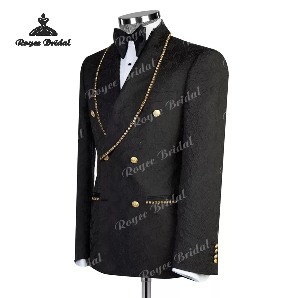 Zweiteiliger Herrenanzug mit goldenen Perlen, zweireihig, schwarzer Jacquard, lässiges Business-Party-Kostüm für Herren