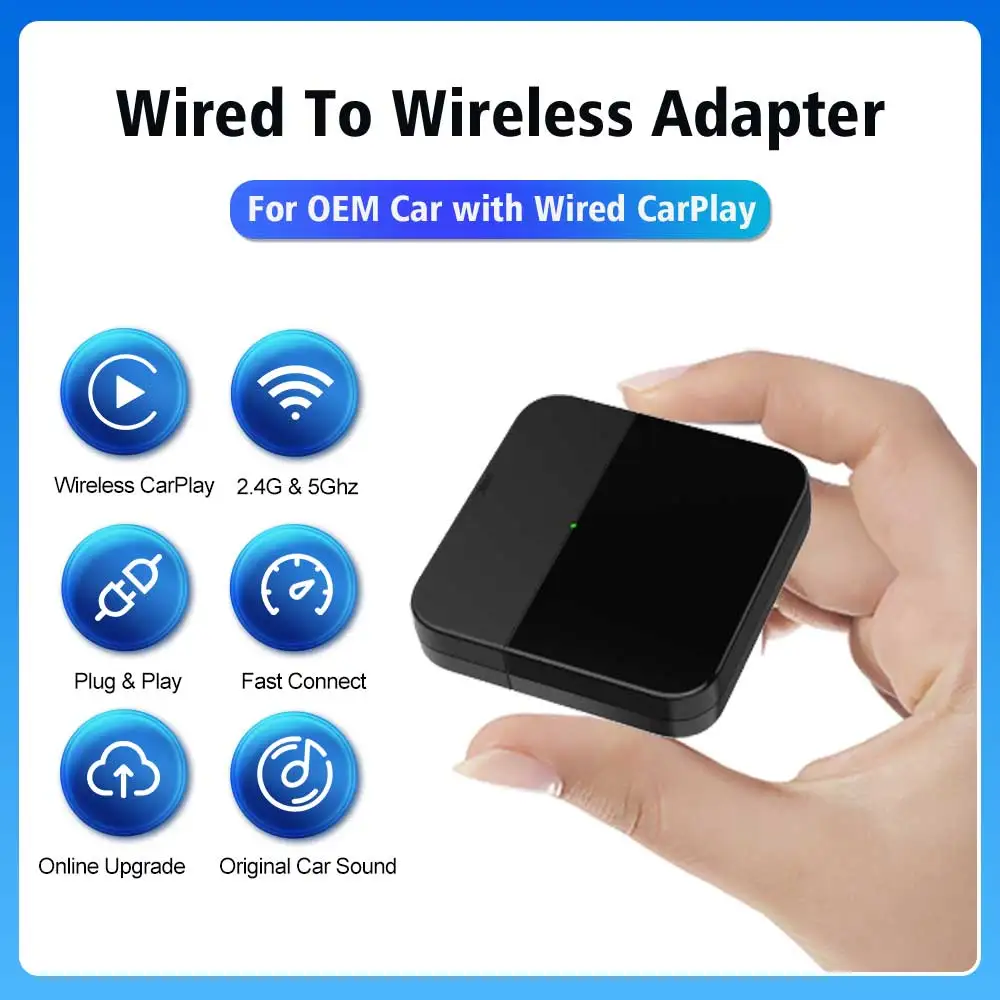 CarlinKit Wireless Car Play Adapter, Mini CarPlay Box, Tela com fio, WiFi, Bluetooth, Conexão automática, Plugue USB, OEM