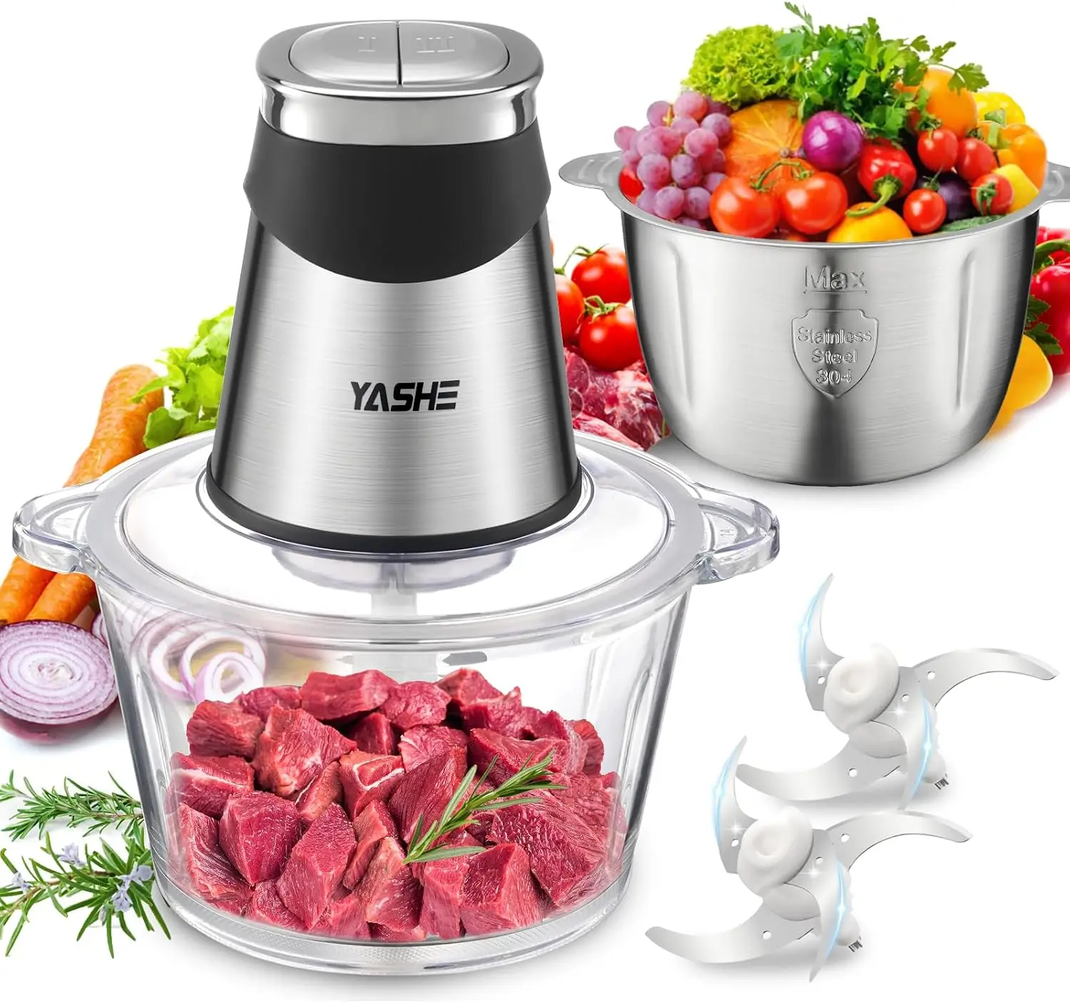 Tritatutto Elettrico 2L+2L, Robot Da Cucina Con Contenitori in Vetro E Acciaio Inox