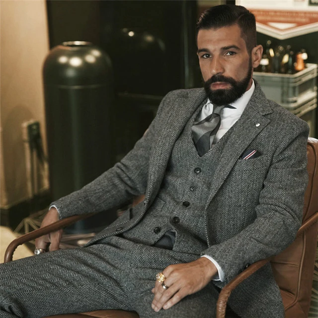 Gray Wool Tweed Winter Suit for Men Herringbone Slim Fit Formal Groom Tuxedo 3 Piece Wedding Male Suits (Jacket+Vest+Pants) Gray Wool Tweed Winter Suit for Men Herringbone Slim Fit Formal Groom Tuxedo 3 Piece Wedding Male Suits (Jacket+Vest+Pants)