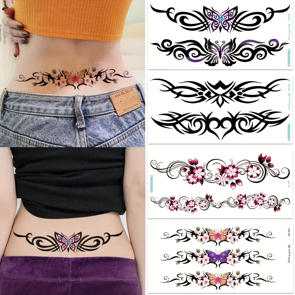 4 Sheets Sexy Belly Waist Tattoo Stickers Women Cover Scar Temporary Tattoo Stickers Tribal Flower Butterfly Disposable Tattoo