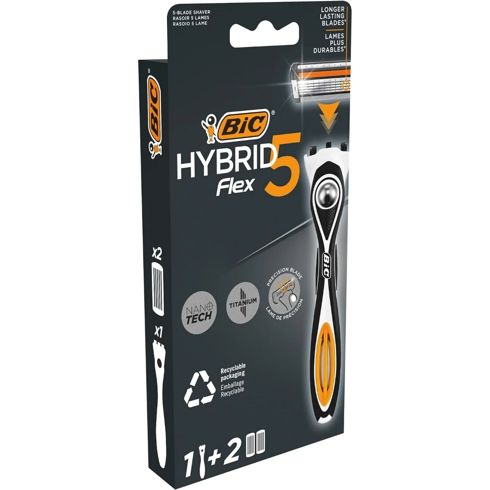 BIC Flex 5-maquinilla de afeitar desechable híbrida para hombre, 5 hojas, 1 MANGO y 2 + 4 cartuchos, para un afeitado ultrafino