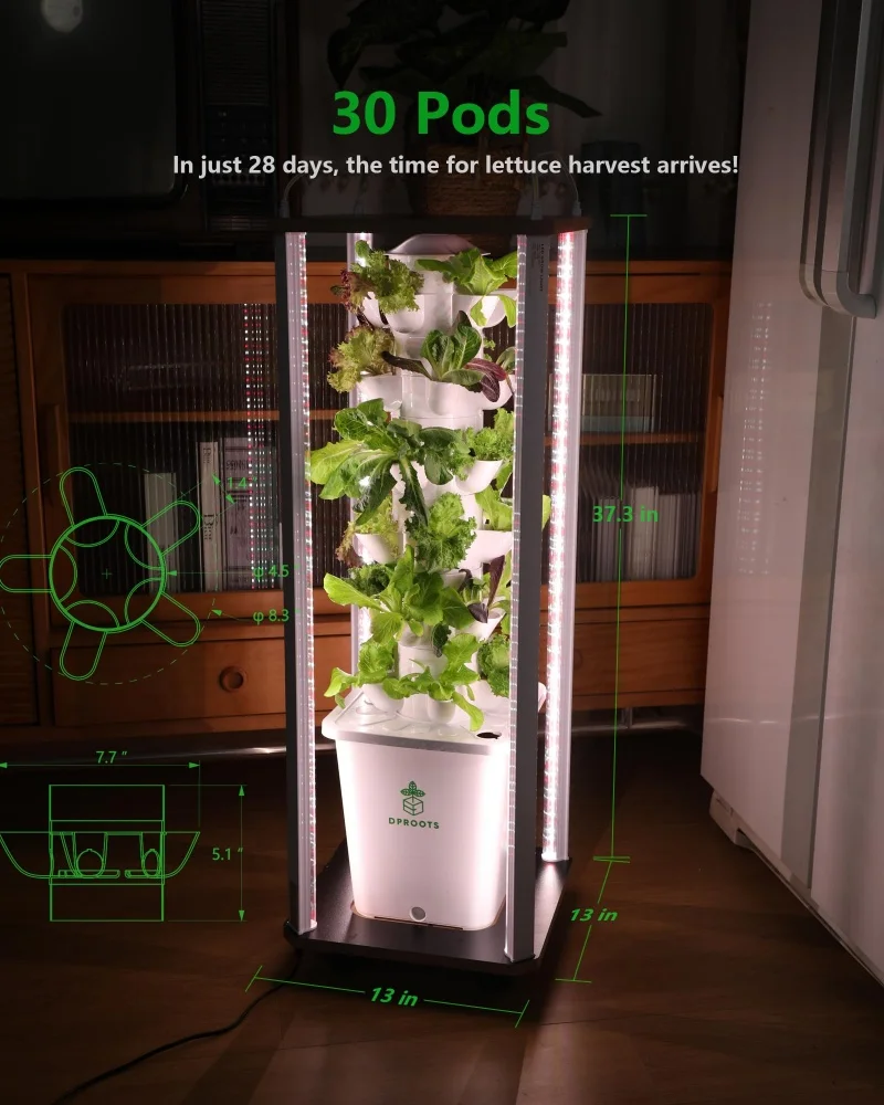 Hydroponic Tower Growing System Kits 30 Pods Vertical Indoor Garden 360° Full-Spectrum Lights Automatic Water Circulation Kit