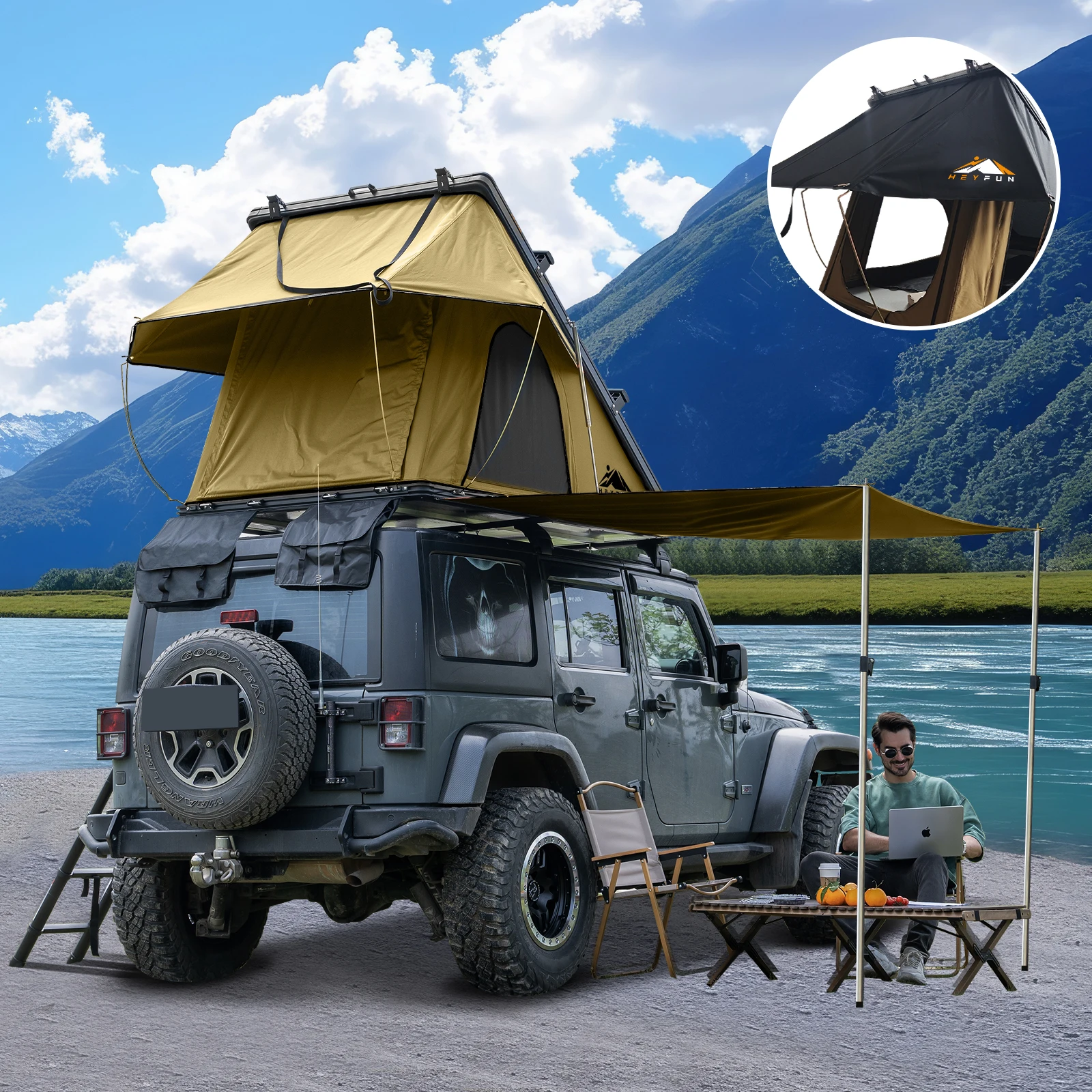 Adventurer Plus Rooftop Tent with Side Awning, Air Conditioner Outlet with Bracket & Replaceable Rain Flies