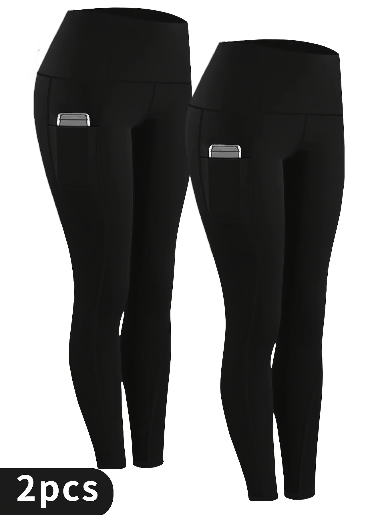 

2-Pack Women's High-Waisted Yoga Pants, Solid Color, Double Pocket, Stretch Waistband, Elastic, Athletic, Tight Fit, 9-Inch Leng