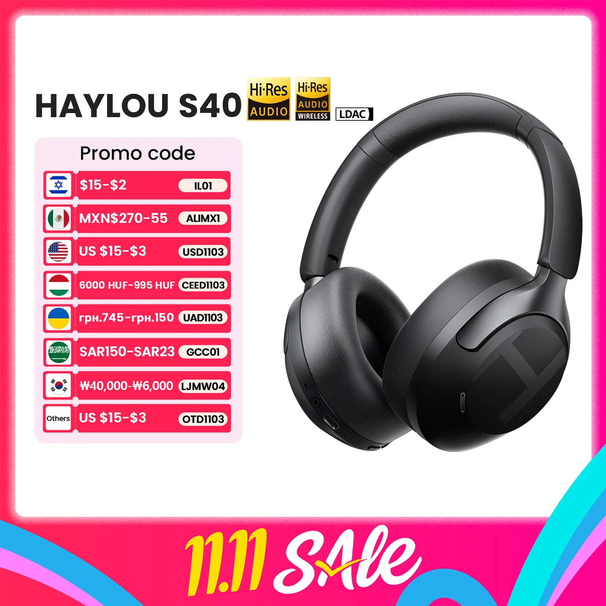 HAYLOU S40 ANC 무선 헤드폰 50dB 노이즈 캔슬링 하이 레졸루션 3D 공간 오디오 이어폰(LDAC 블루투스 6.0...