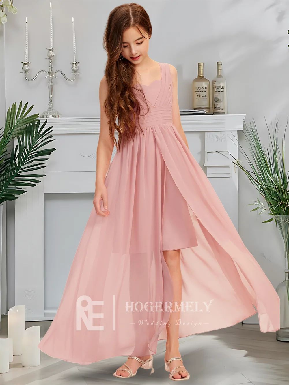 FD Kids Dusty Rose Sweetheart Junior Bridesmaid Dress Flower Girl Dress Chiffon Asymmetrical Design For Girls Special Party Wear