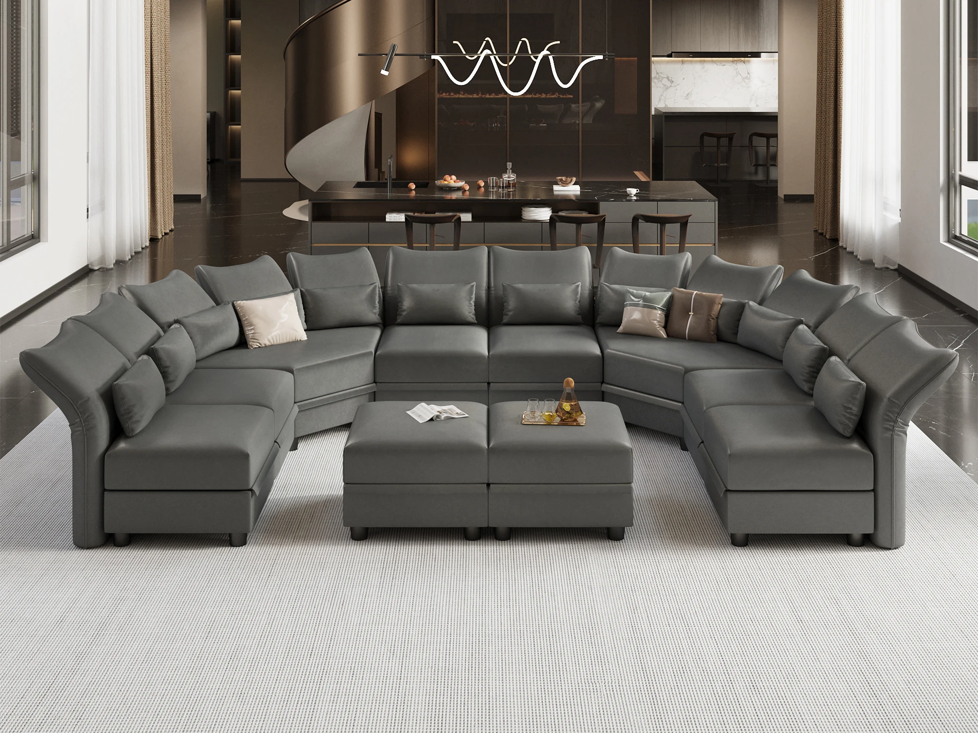 Large Modular Sectional 10 Seat U Shaped Sofa with Storage, Faux Leather Waterproof Sectional Couch for Living Room, Grey