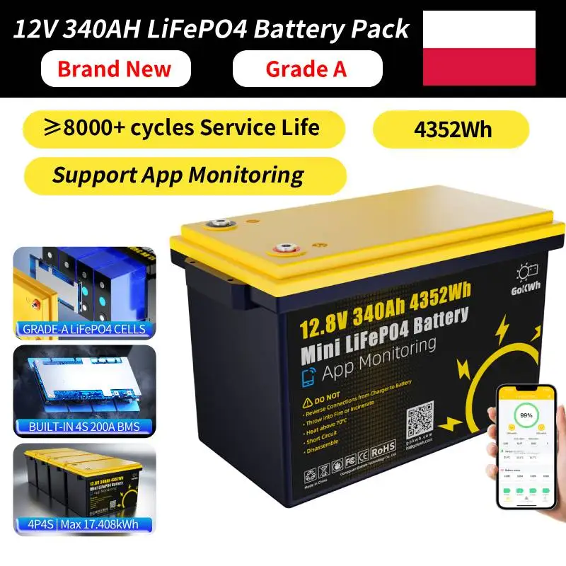 340Ah 12,8V LiFePO4-Batterie, Deep-Cycle, Klasse A Zellen, 8000+ Zyklen, eingebautes Smart-BMS für DIY 12V 24V 48V Solar, Wohnmobil, Golfcart, Heimenergiespeichersystem, Notstromversorgung