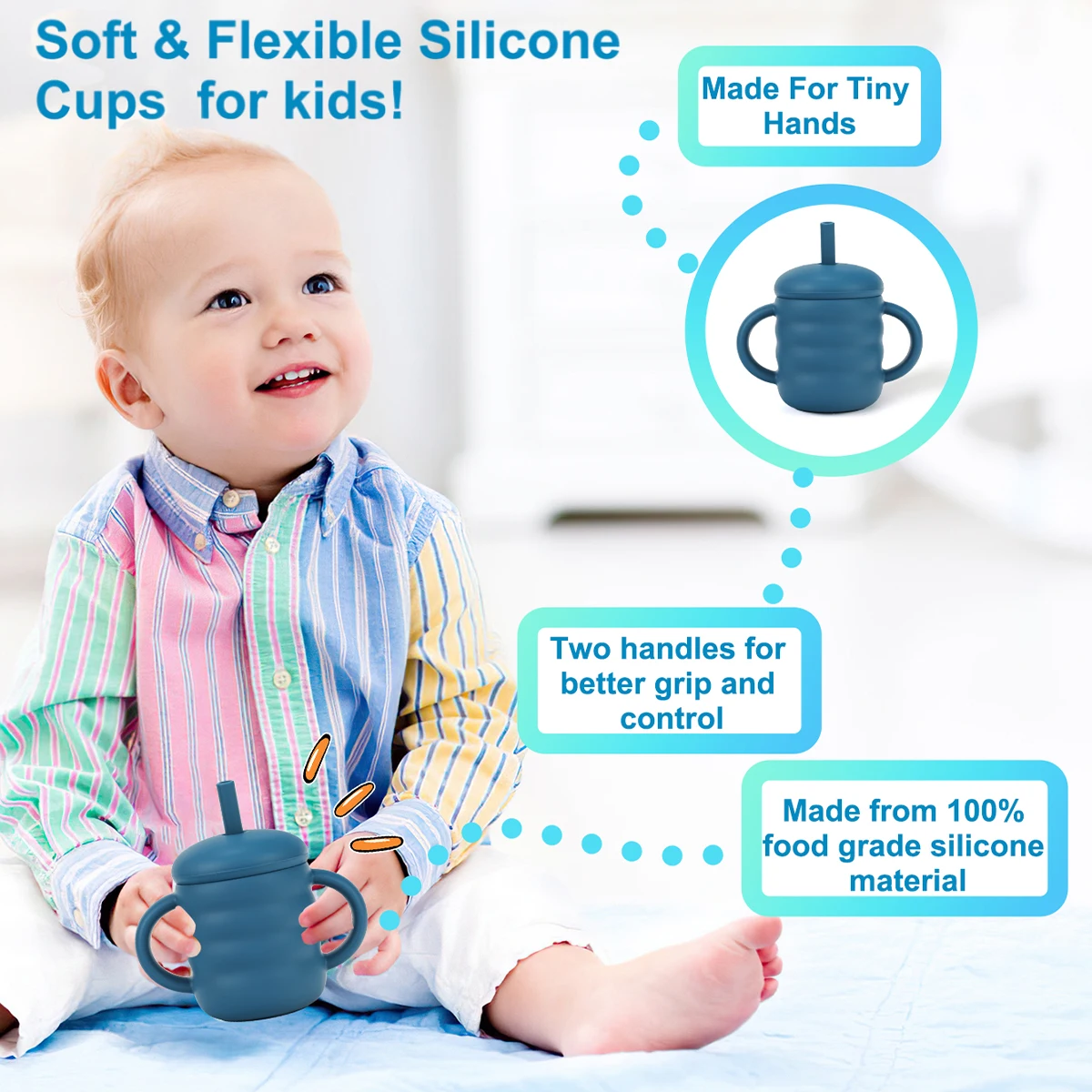 Baby Silicone Cups Straw Thread Cup BPA-Free Portable Storage Snack Container Feeding Cup For Kids Leakproof Learning Drink Cup