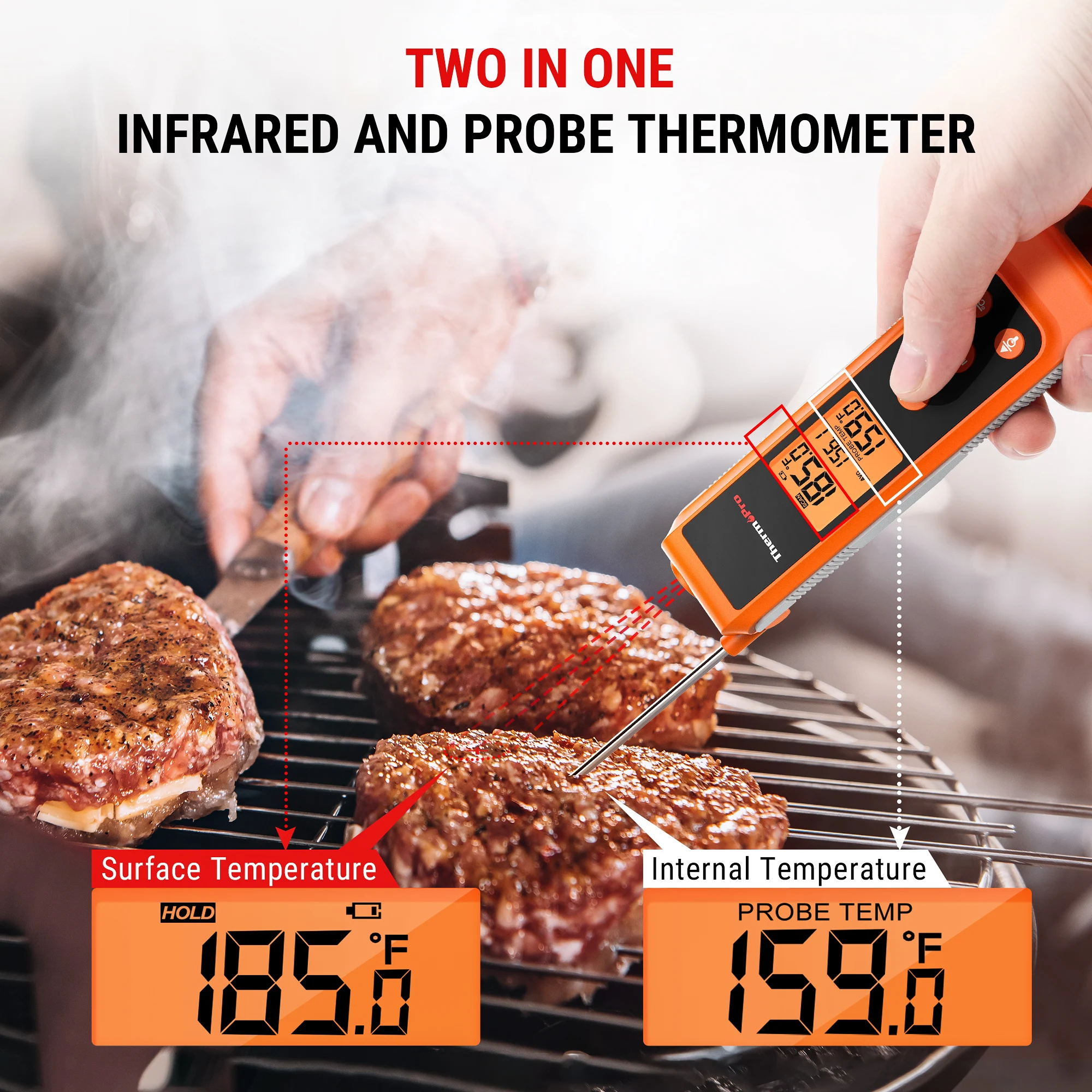 ThermoPro TP420 Digital Backlit Foldaway Two-in-One Fast Reading Infrared Kitchen Cooking Meat Thermometer With Large LCD Screen