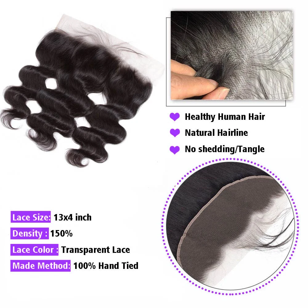 Extensiones de cabello humano ondulado para mujer, mechones con malla Frontal transparente de 13x4, 3 unidades, brasileño