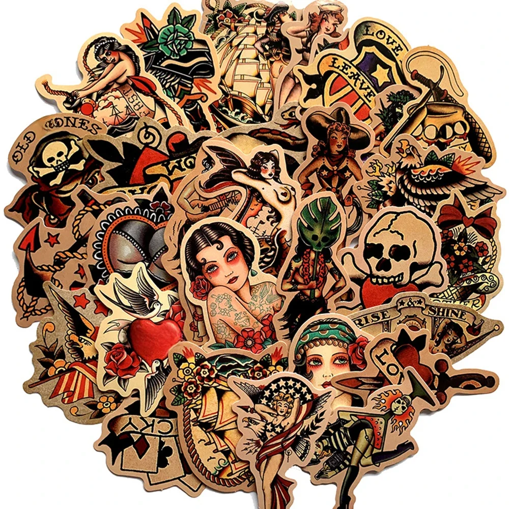 10/30/50pcs rétro vieille école tatouage Style autocollants bricolage planche à roulettes voiture téléphone portable ordinateur portable bagages étanche enfants autocollant jouet